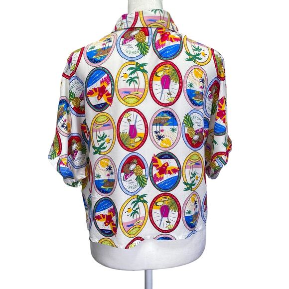 SUNBURST KISS Hawaiian Shirt Tropical Summer Beach Cocktails Cropped Sz L - Picture 4 of 10